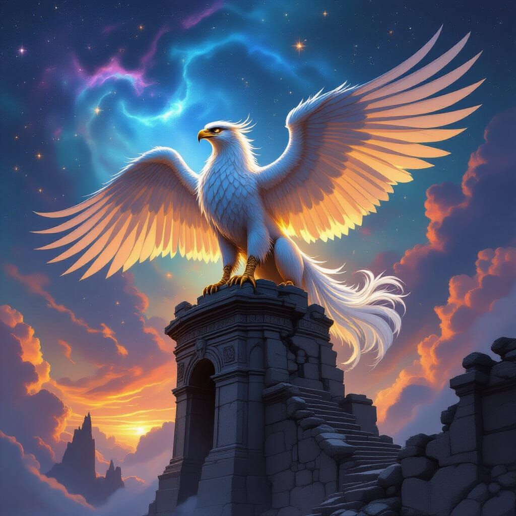 Majestic Griffin on Ancient Observatory, Cosmic Fantasy Art