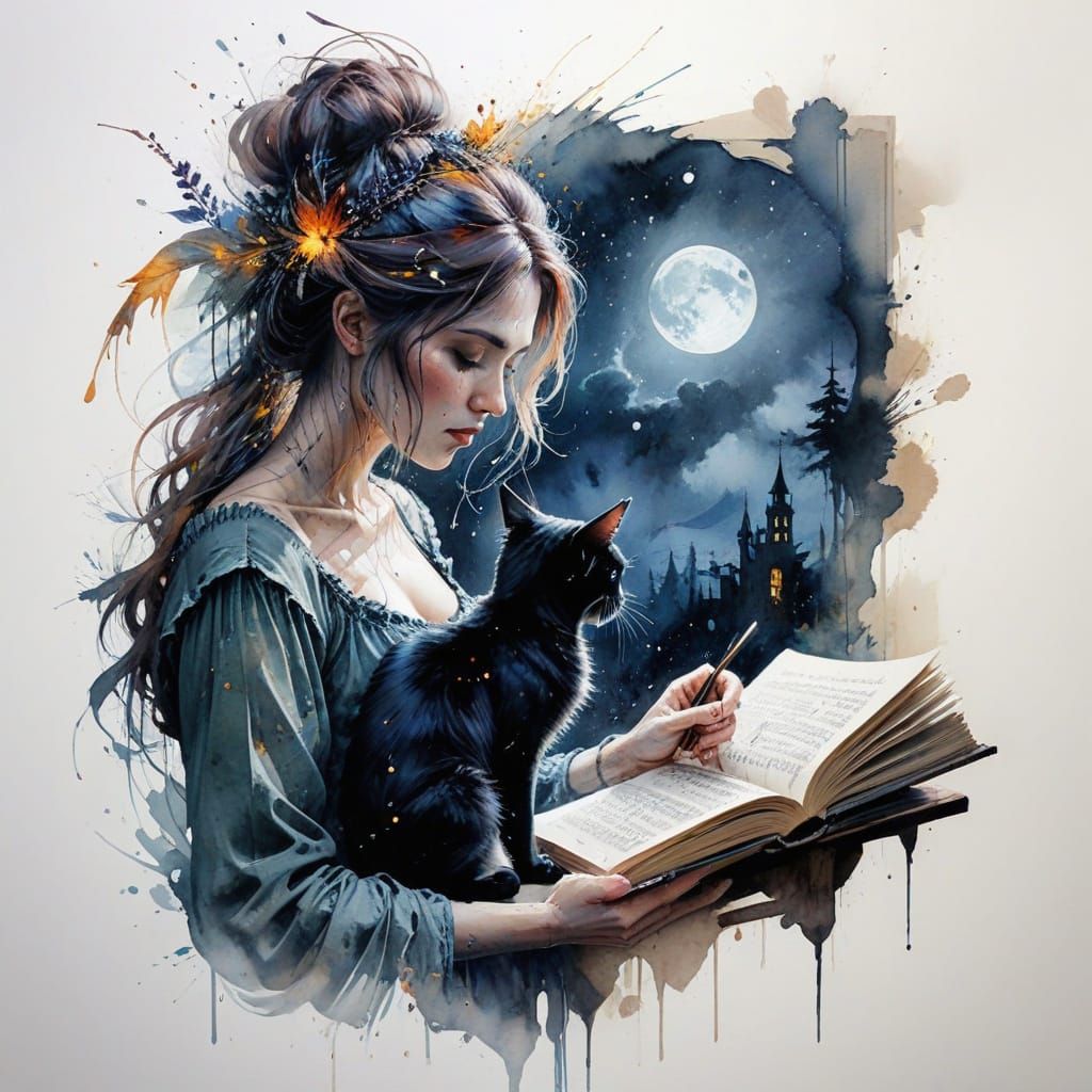 Witch Reading Spell Book with Cat Under Moonlight