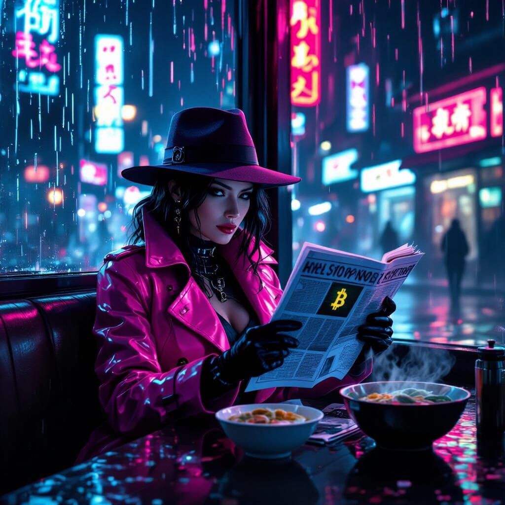 Cyberpunk Detective in Neon-Lit Noodle Bar
