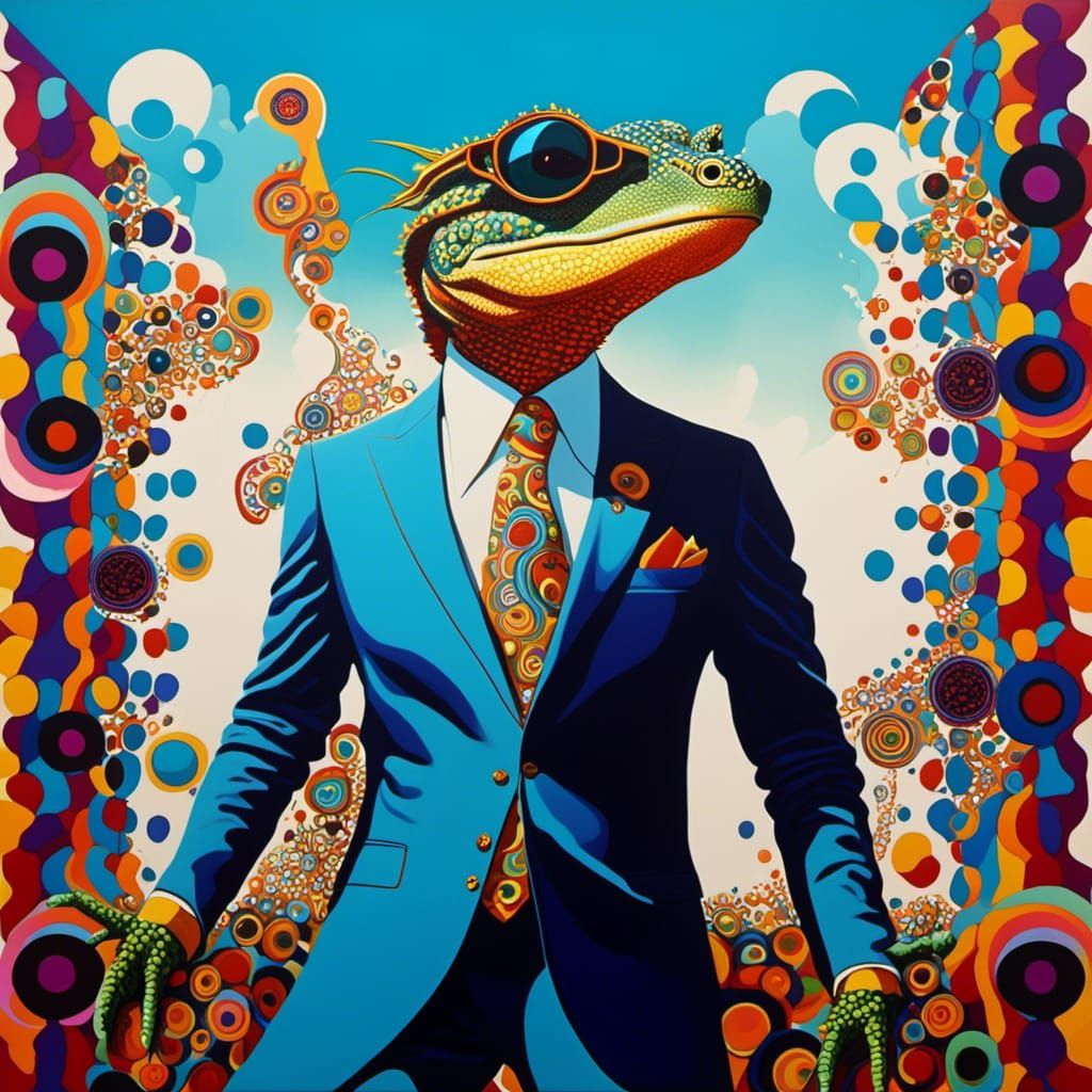 Funky 70s Lizard Portrait with Psychedelic Swirls