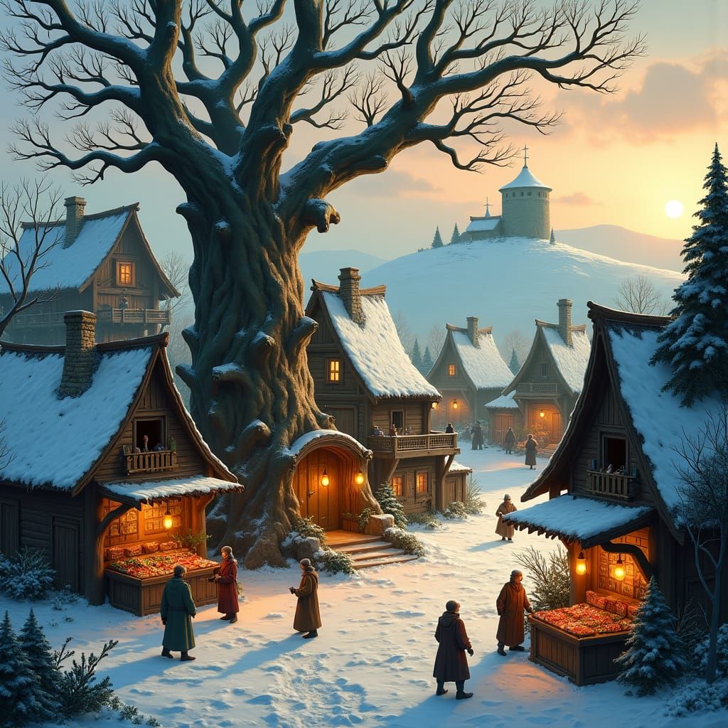 Snowy Medieval Village Market at Sunset