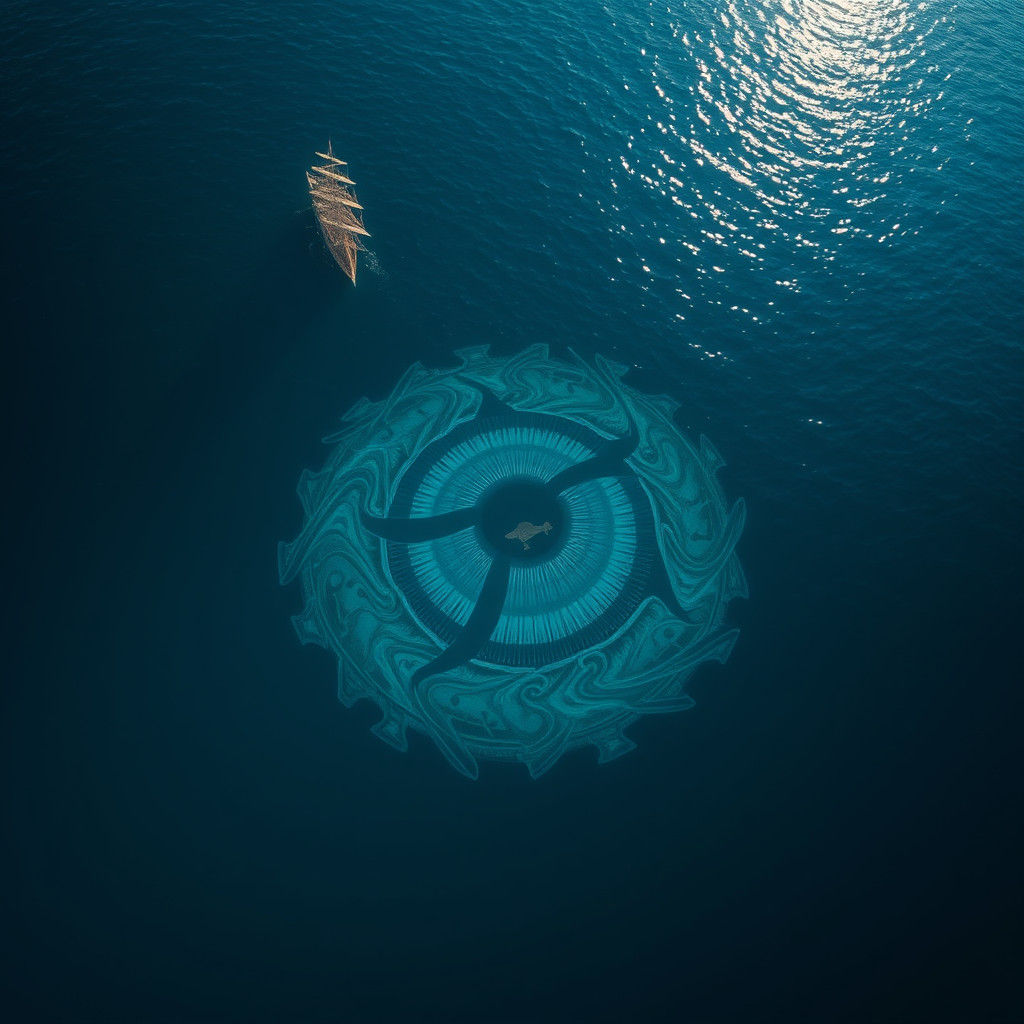 Majestic Ship and Biomechanical Eye in Deep Sea