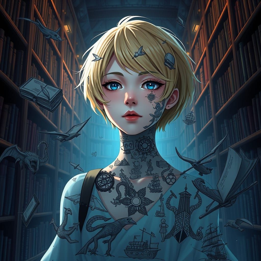 Mystical Library Scene in Anime Style