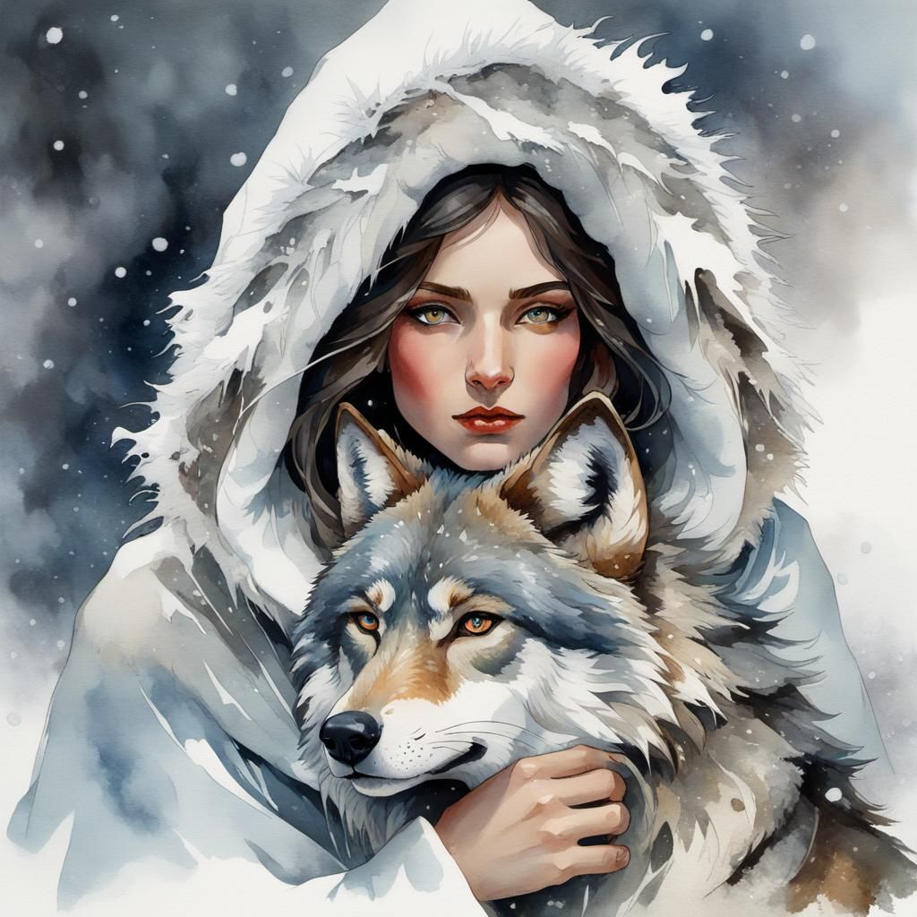 Hooded Woman and Wolf in Snowy Watercolor Portrait