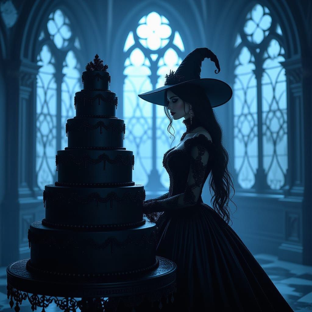 Gothic Woman and Black Cake in Moonlight