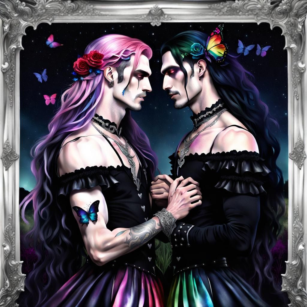 Gay Goth Couple in Romantic Meadow Scene