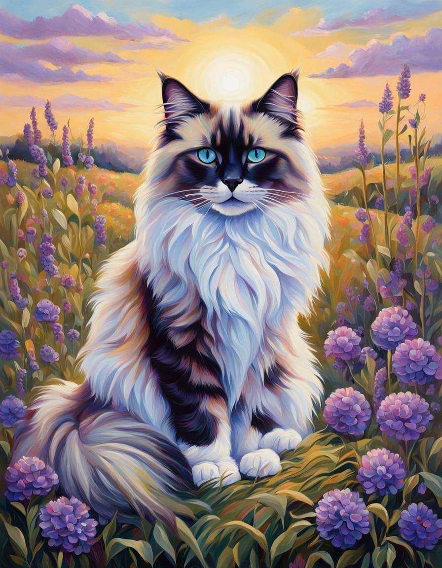 Ragdoll Cat in Field: Detailed Oil Painting