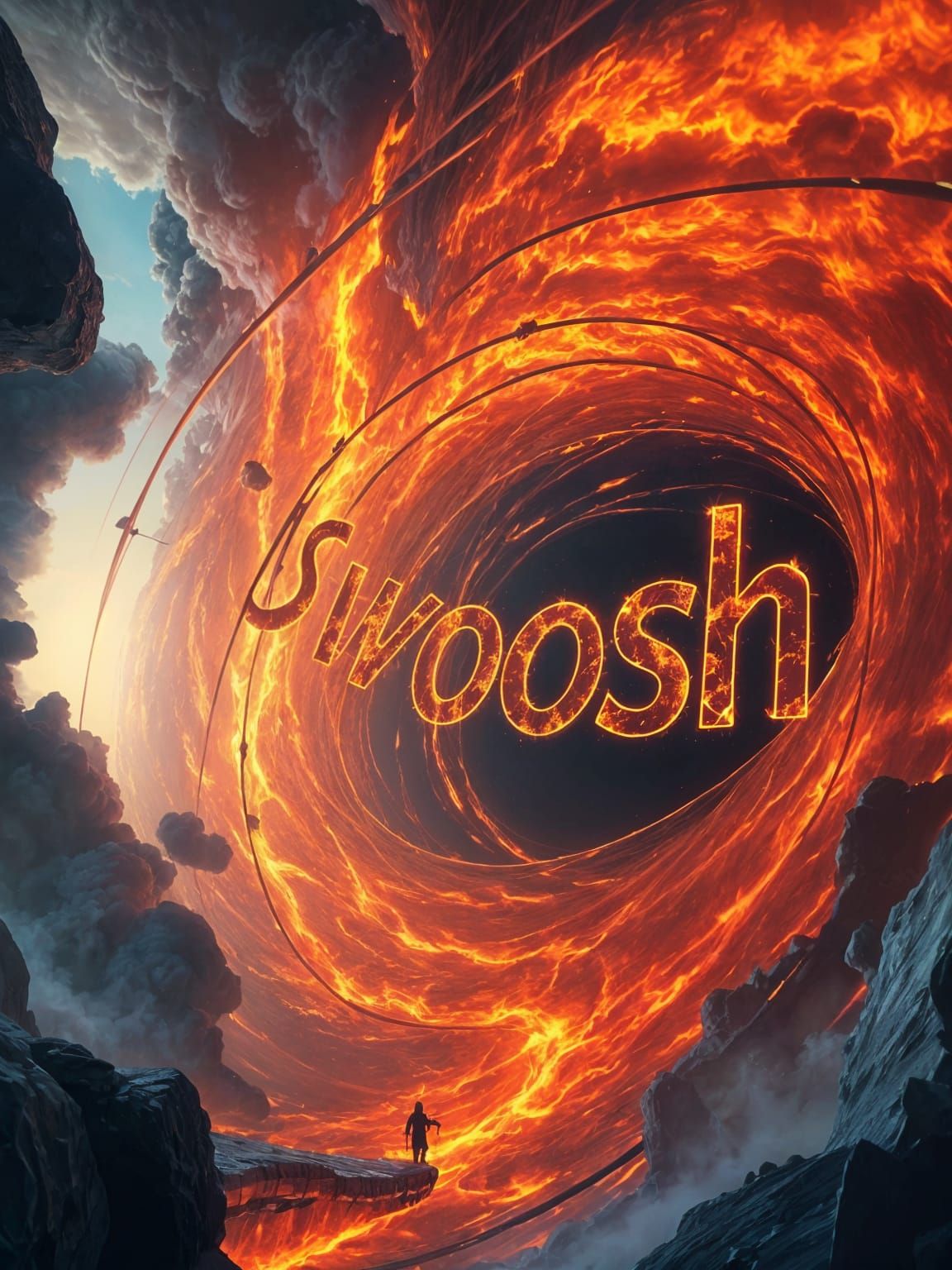 Fiery Vortex Spelling 'Swoosh' in Digital Art