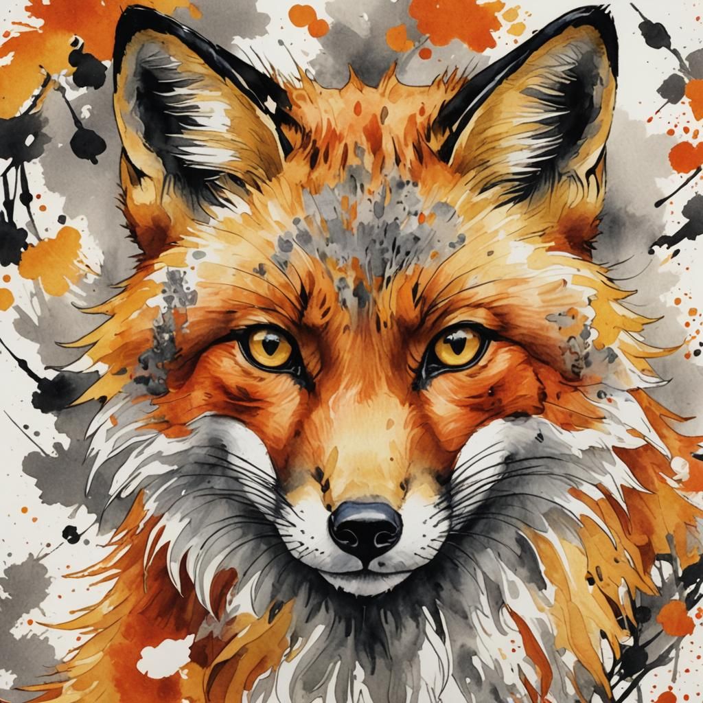 Fox Head in Ukiyo-e Style Watercolor Painting