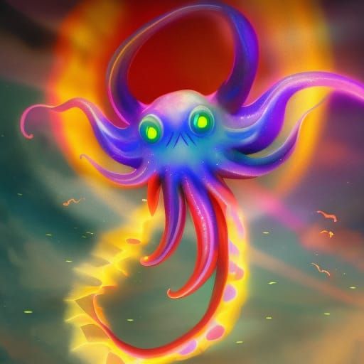 Eldritch Rainbow Squid: A Glowing Deep Sea Fantasy