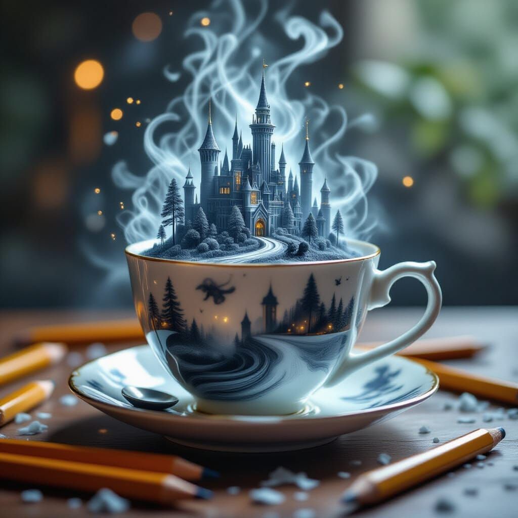 Surreal Teacup with Growing Cityscape in Pencil Graphite