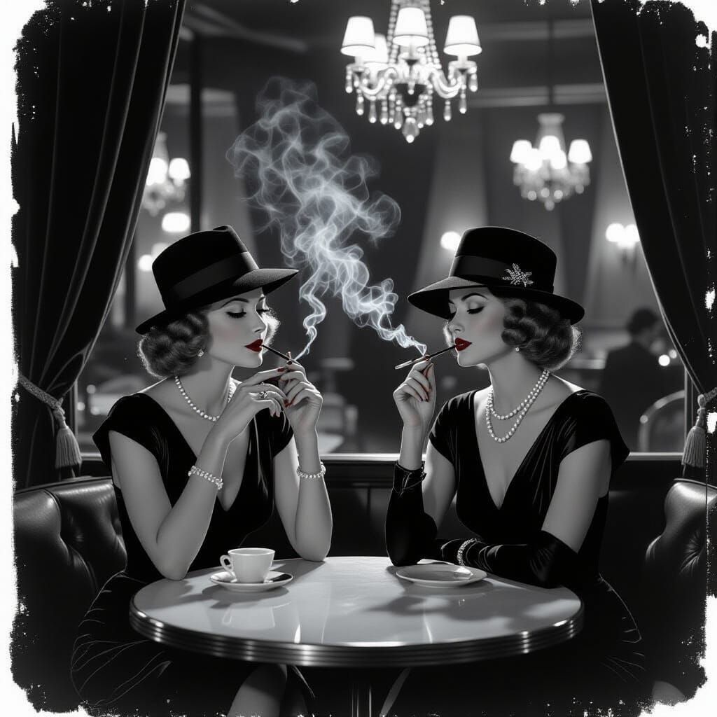 Elegant Women in Film Noir Style Cafe