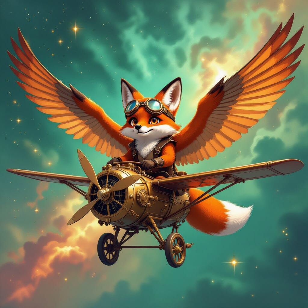 Steampunk Fox Soars Through Nebula in Anime Style