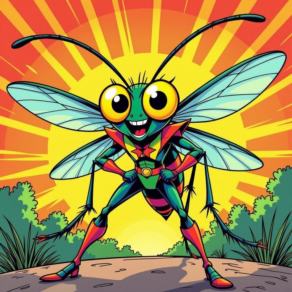 Giant Heroic Mosquito with Big Eyes in Comic Book Style