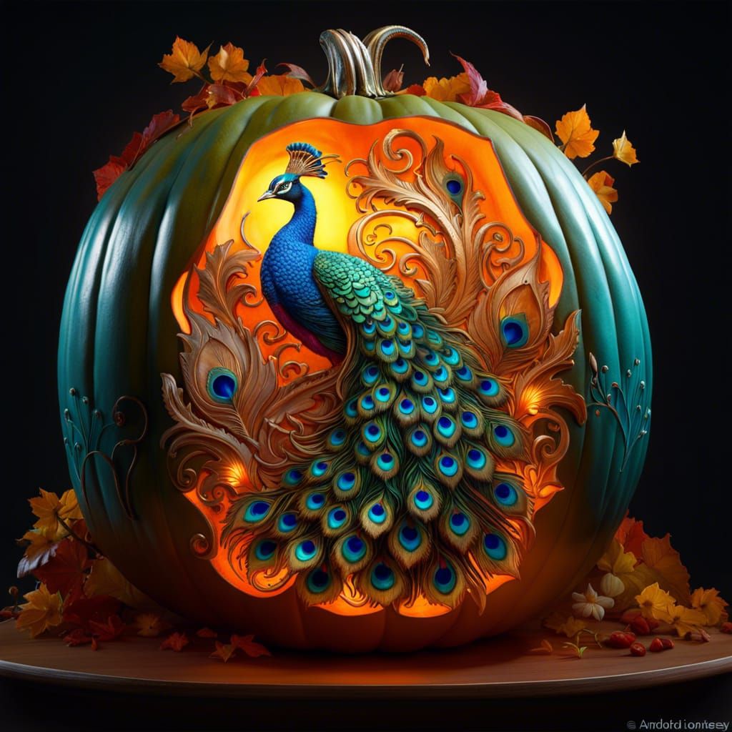 Illuminated Pumpkin Carved with Intricate Peacock Design