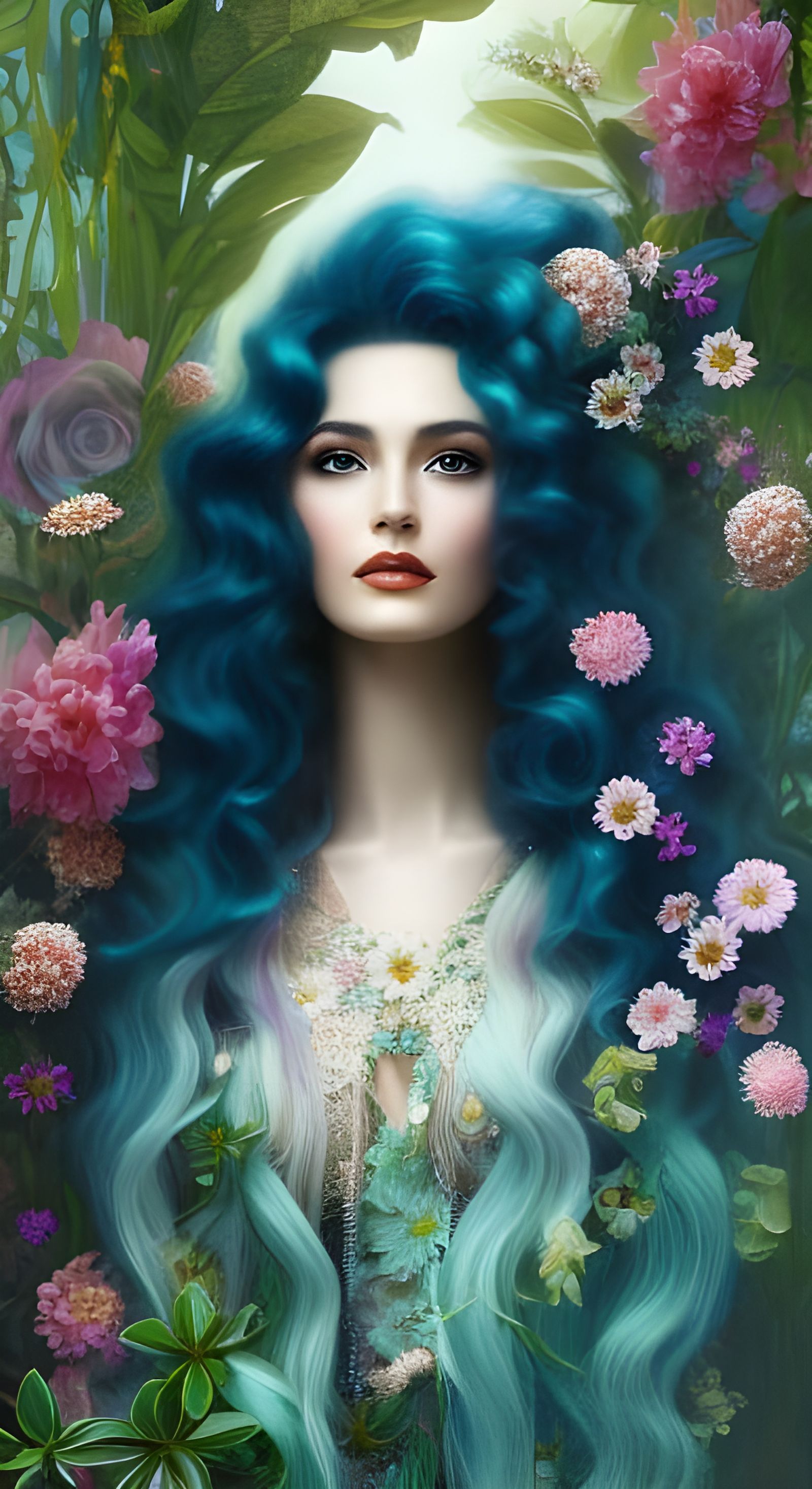 Hippie Woman Portrait with Flowers in Rococo Style