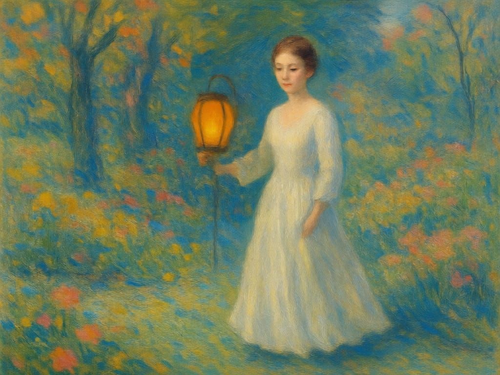 Impressionist Woman Strolling Through Lush Garden
