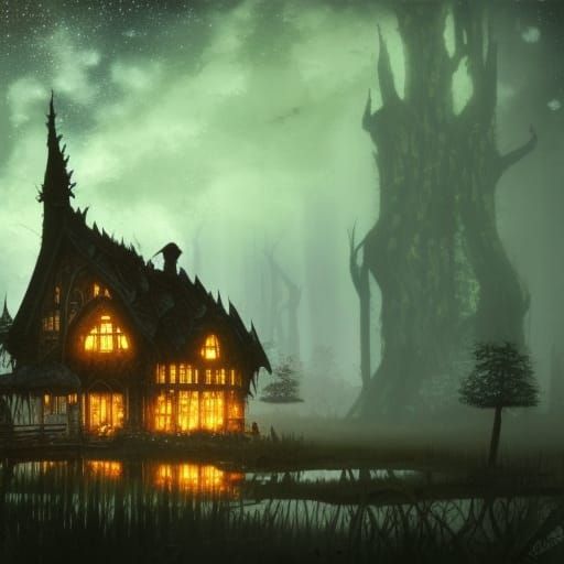 Giant Mushroom Cottage in Glowing Swamp, Dark Fantasy Art