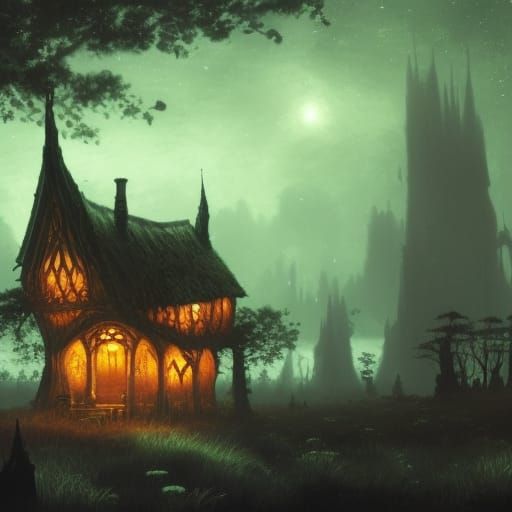 Glowing Mushroom Cottage in Swamp, Dark Fantasy Art