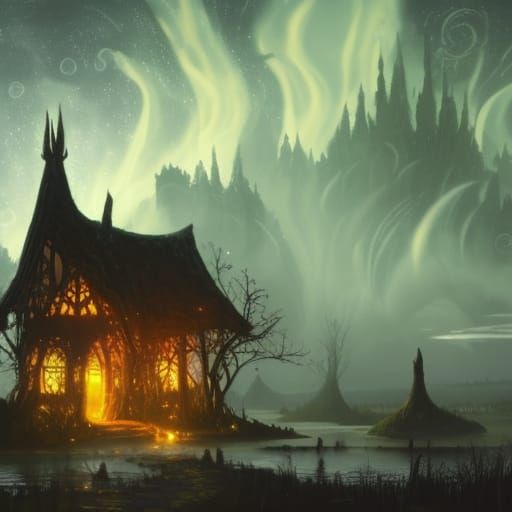 Glowing Mushroom Cottage in Starry Swamp: Dark Fantasy