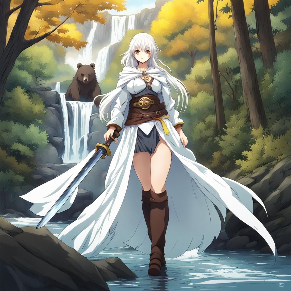 Anime Warrior Woman in Forest with Waterfall