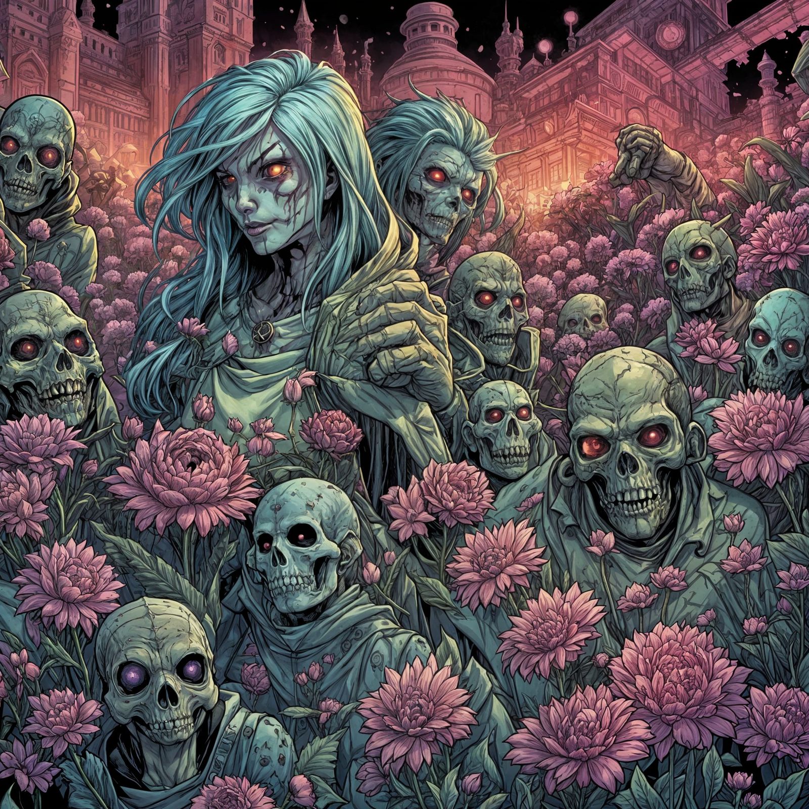 Medieval Flower Zombie Army in Comic Book Style