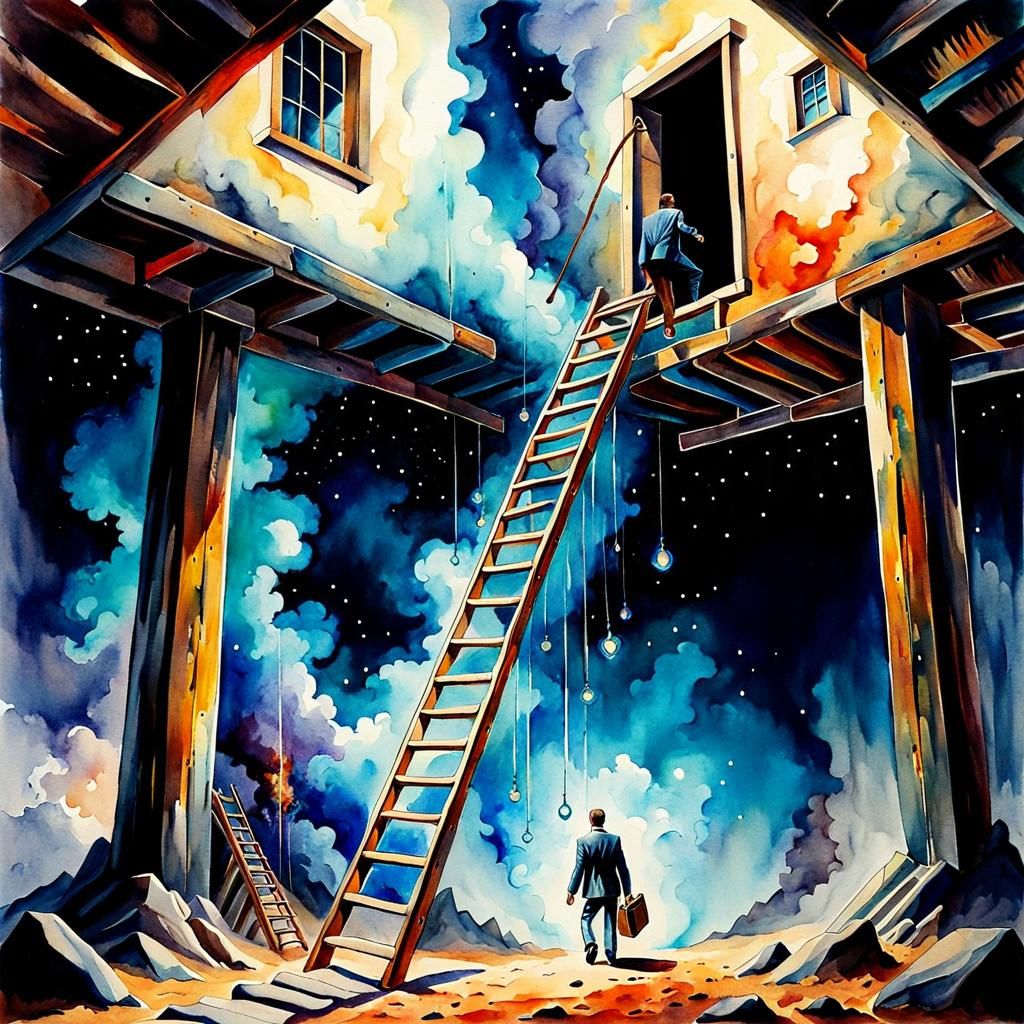 Man Enters Dimension of Misfortune in Surreal Watercolor