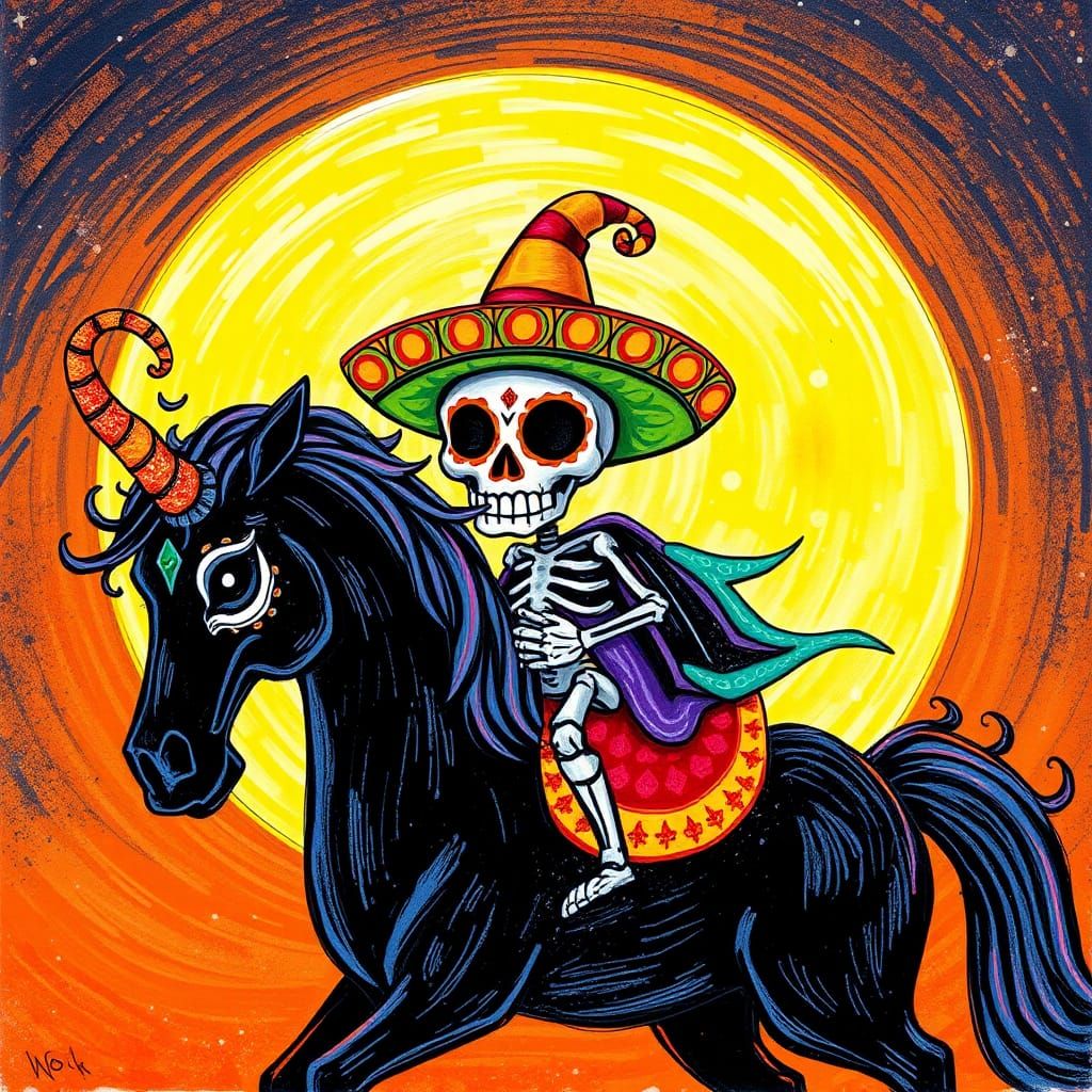 Calavera Skeleton Rides Unicorn in Crayon Halloween Night