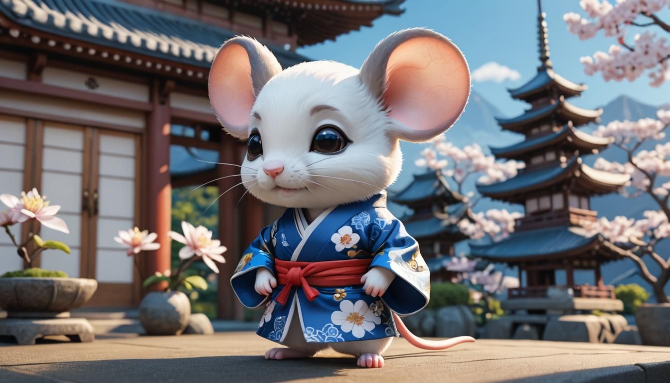 Chibi Mouse in Kimono at Japanese Pagoda