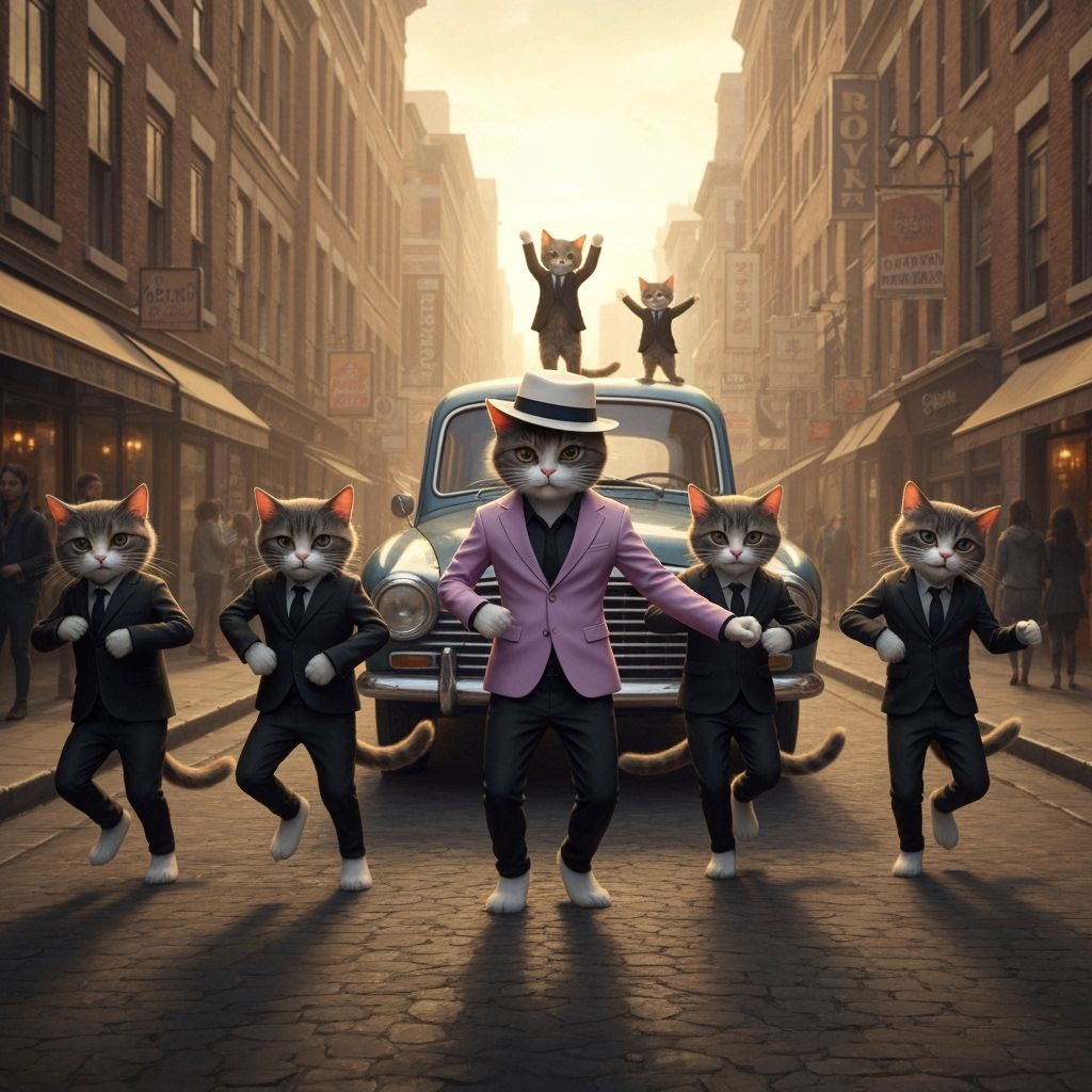 Hip Hop Cats Dancing Joyfully in Golden Hour Street Scene