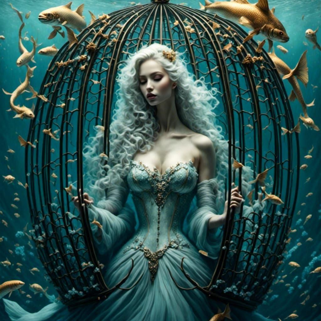 Evil Mermaid Pulling Cage in Dreamy Underwater Scene