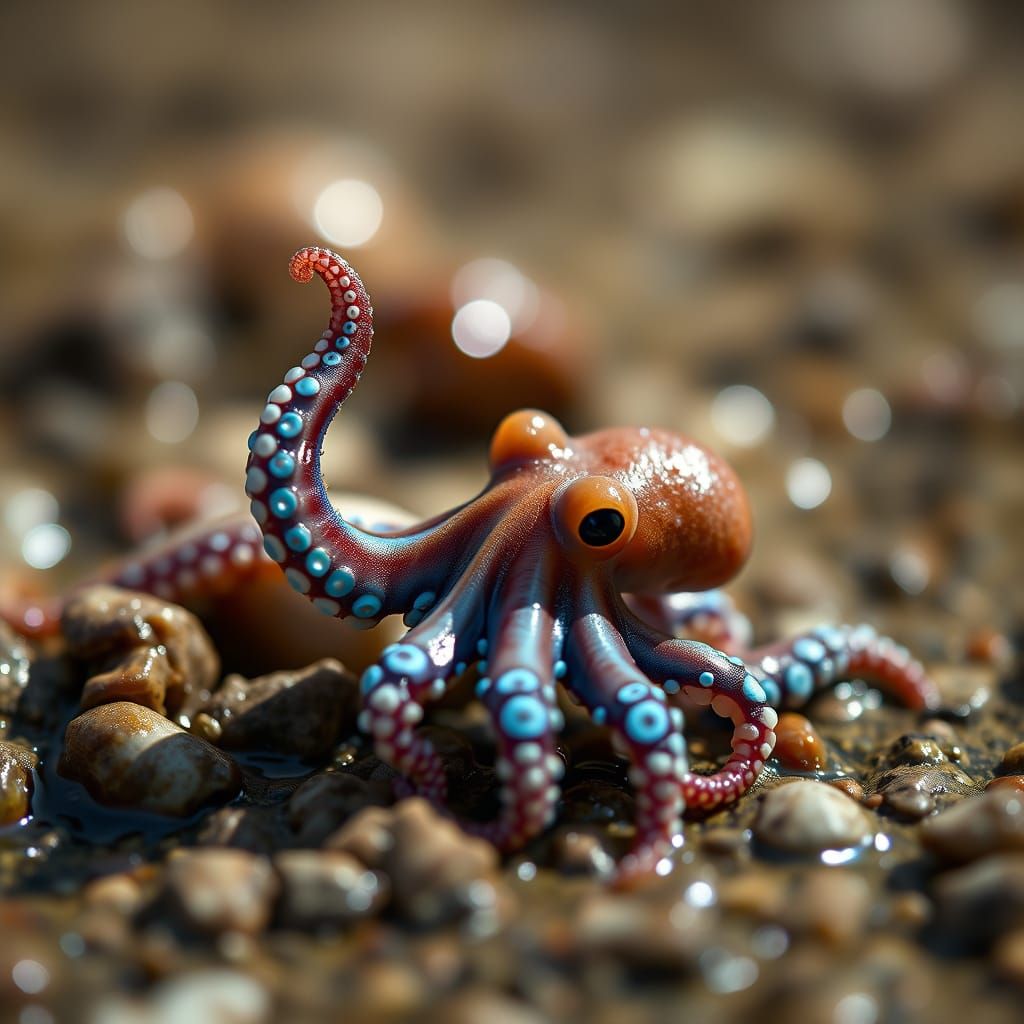 Tiny Octopus Waves from Tide Pool in Vibrant Blue Rings