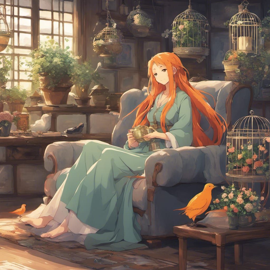 Anime Woman with Braids, Flowers, and Birdcages