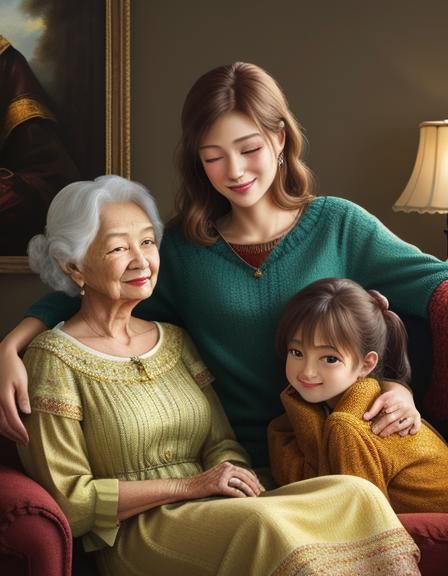 Family Portrait: Four Generations in Warm Oil Painting
