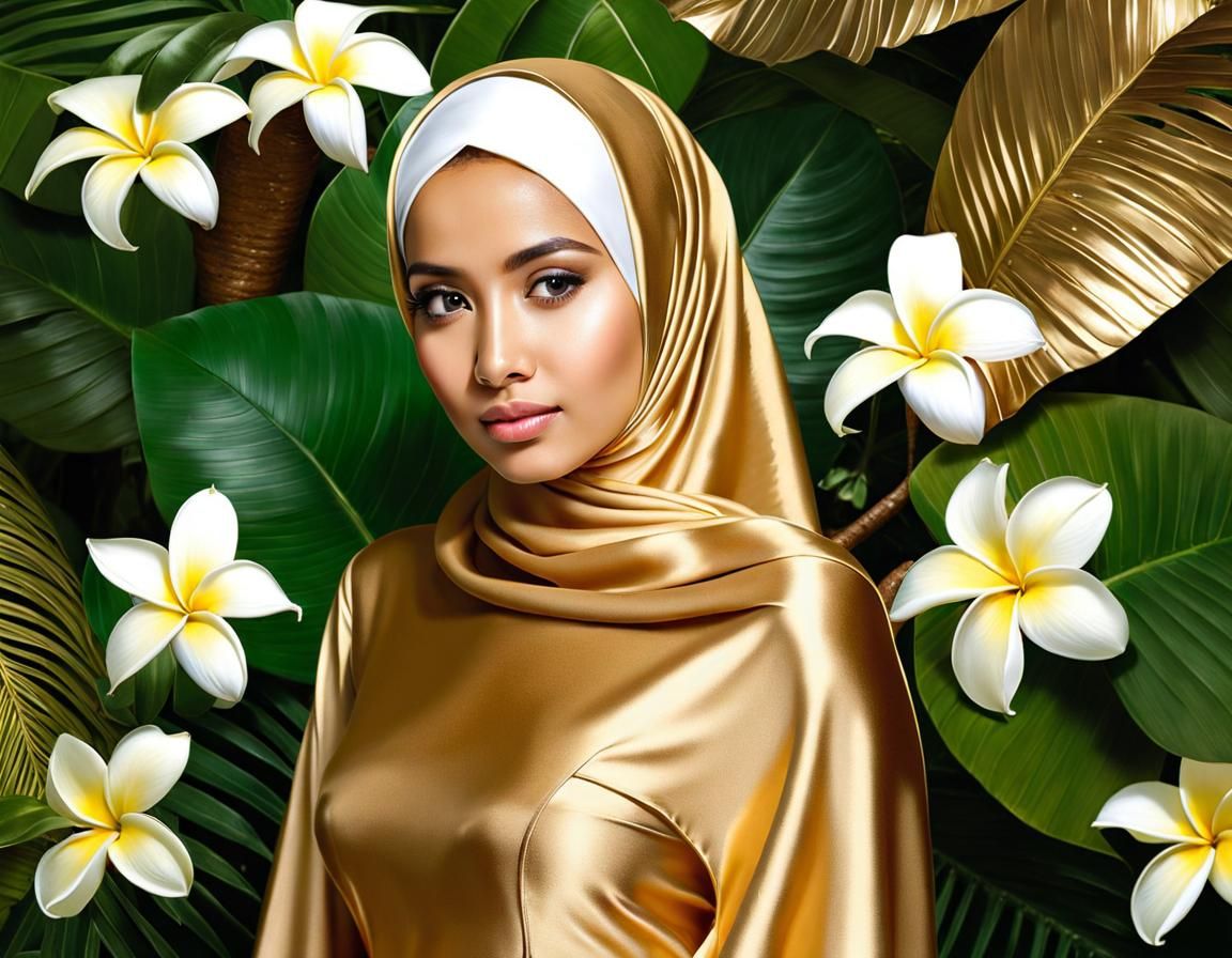 Beautiful Indonesian Woman in Gold Satin Dress