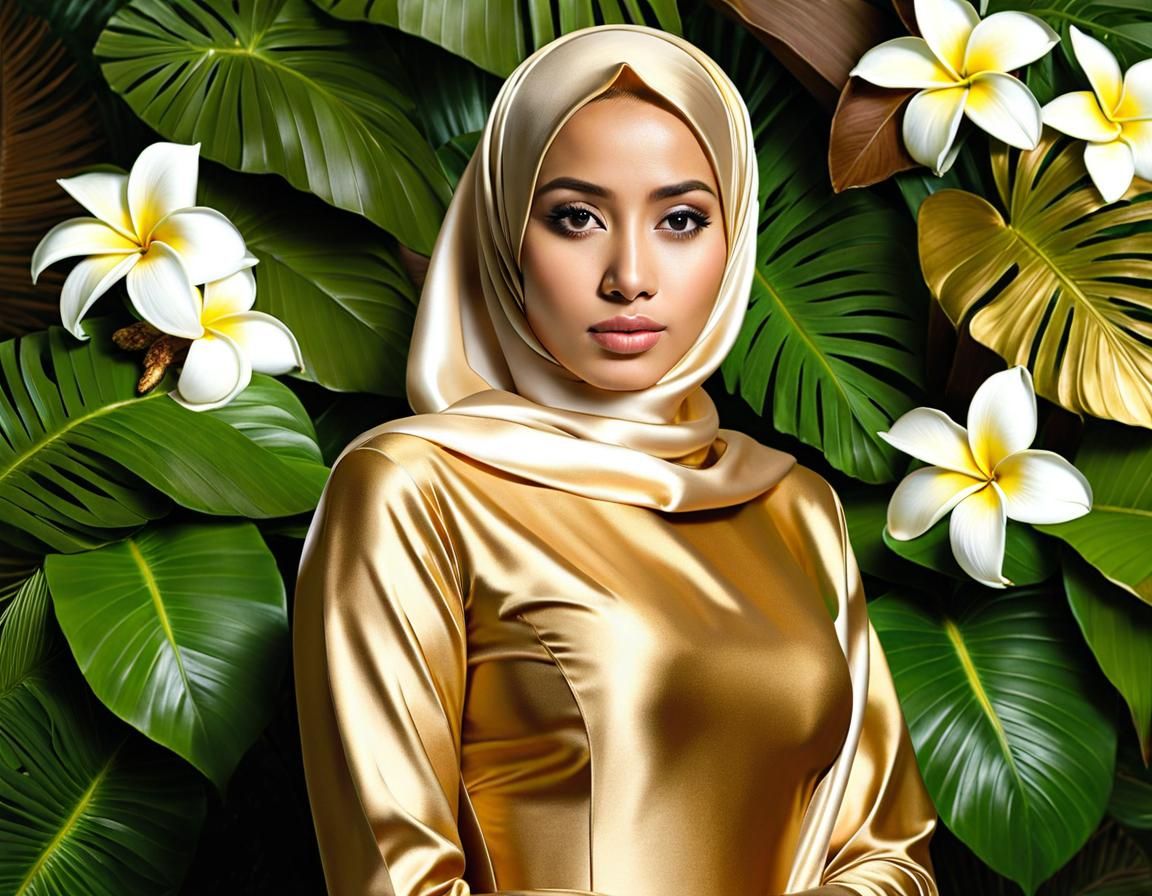 Stunning Indonesian Woman in Gold Satin Dress