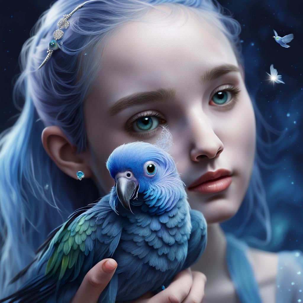 Girl and Ghostly Parrot Portrait in Fantasy Style
