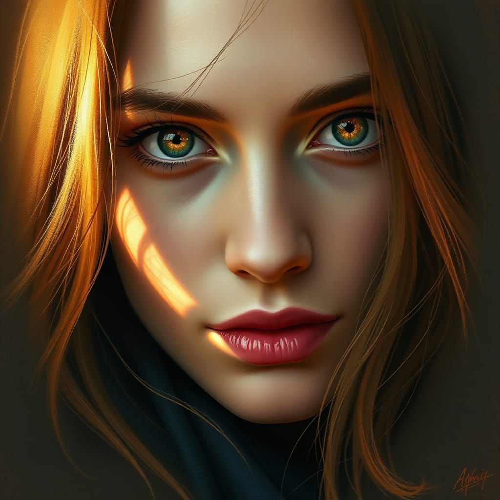 Hazel-Eyed Woman Portrait in Expressive Digital Art Style