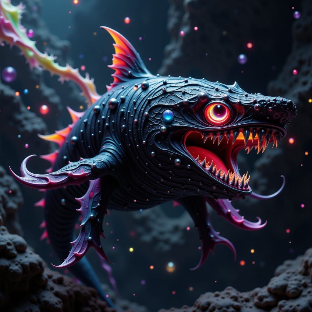 Otherworldly Armored Shark Creature in Biomechanical Style