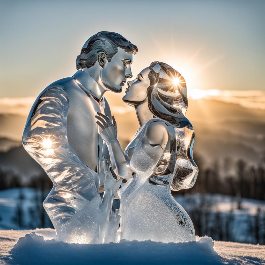 Glistening Ice Sculpture of Kissing Couple on Snowy Peak