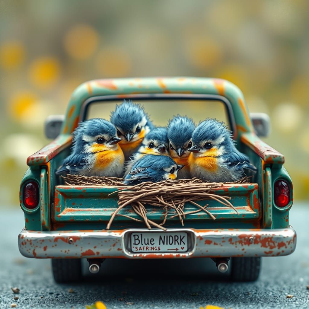 Vibrant Spring Birds in a Vintage Toy Truck