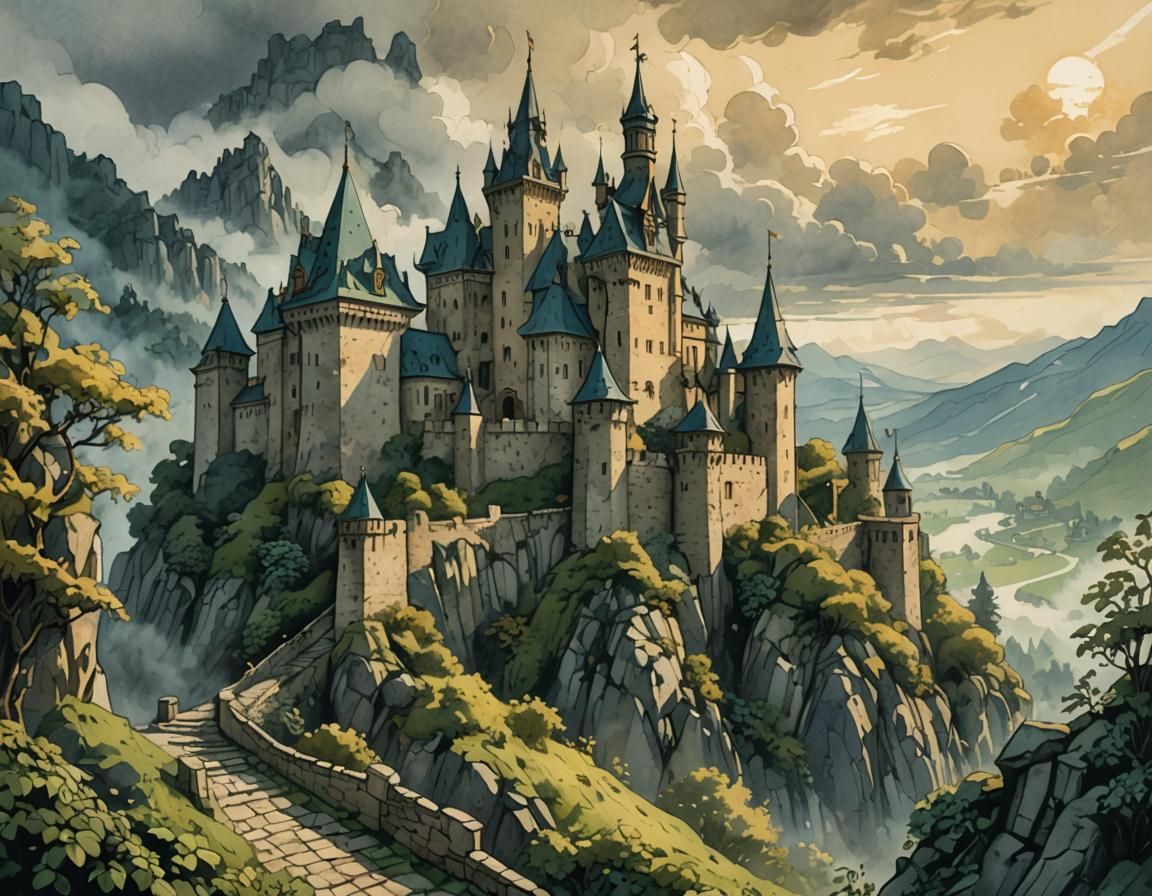 Slavic Castle in Misty Mountains: Storybook Illustration