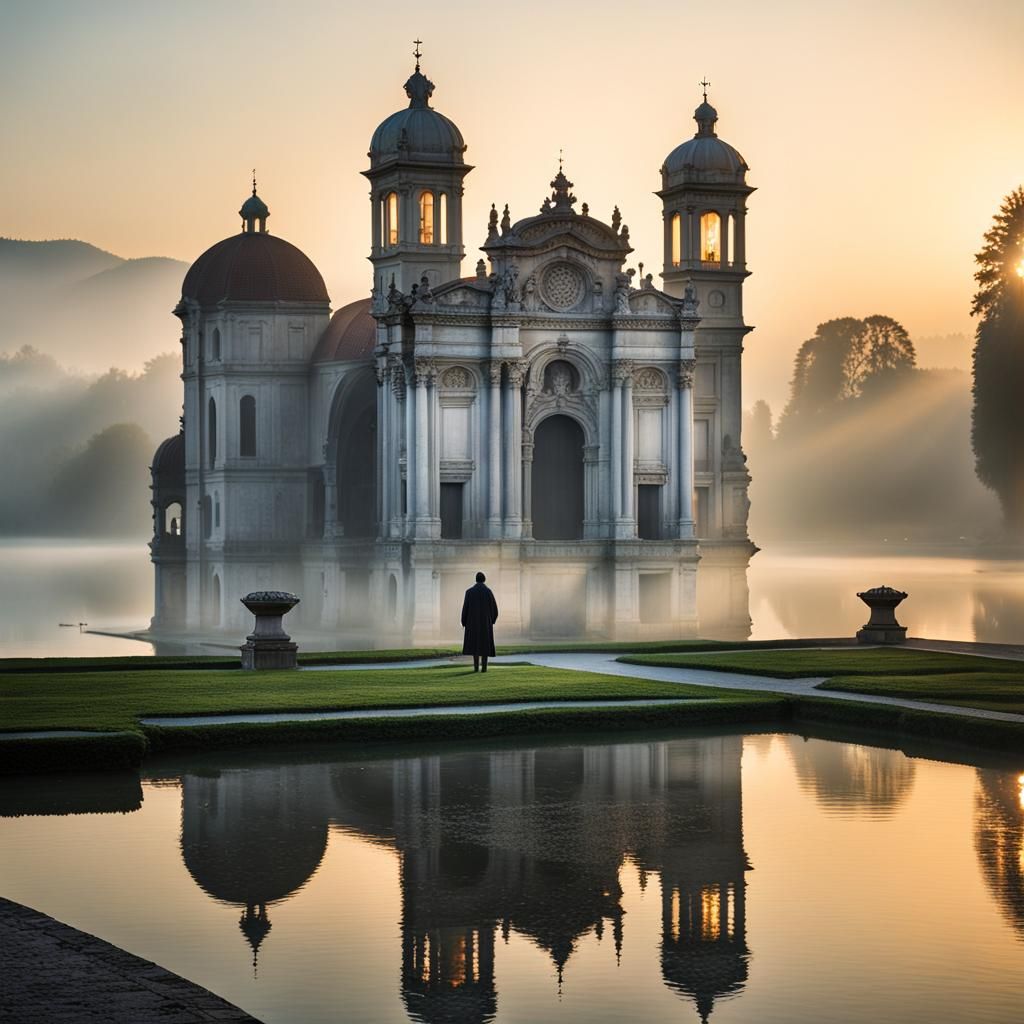 Lone Figure at Lake Vergamo in Baroque Style