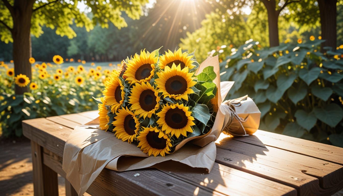 Sunflowers in Sunlight on Park Bench