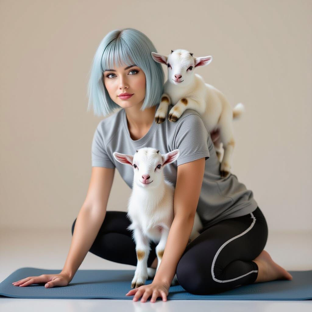 Woman Doing Yoga with Goat in Studio Portrait