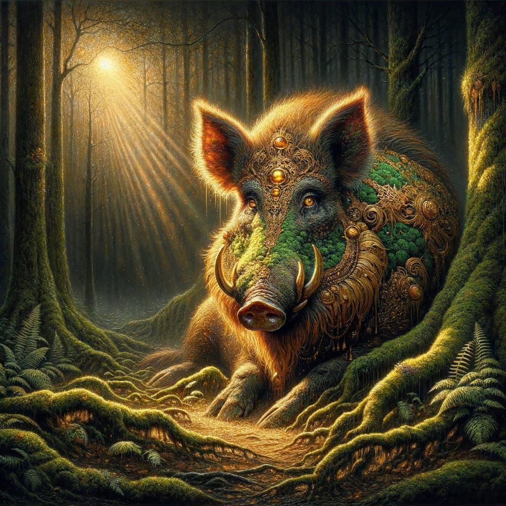 Golden Boar Sentinel in Sun-Dappled Forest