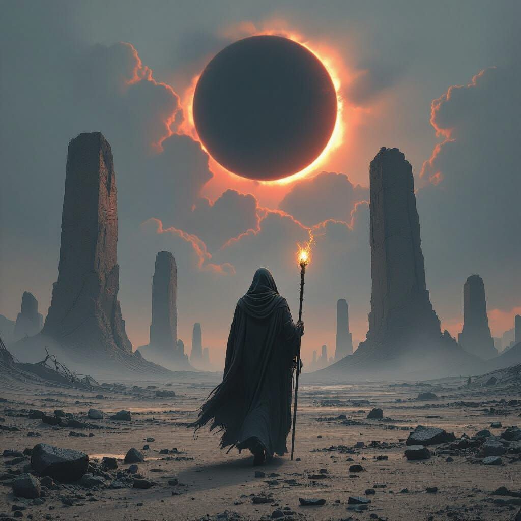 Post-Apocalyptic Pilgrim Under Iron Eclipse