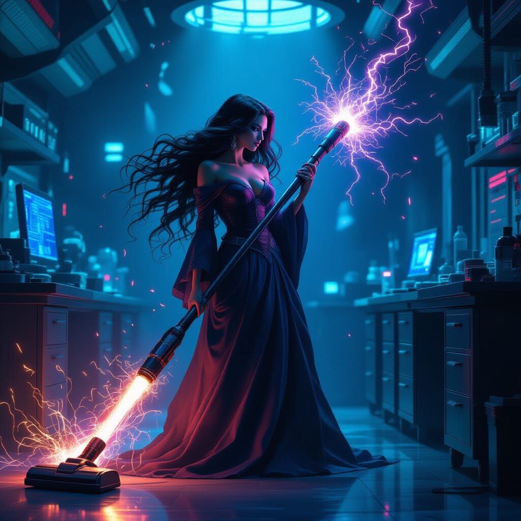 Ethereal Enchantress Wielding Electric Vacuum Staff
