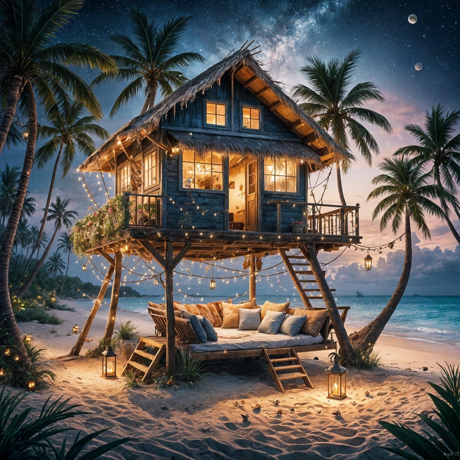 Romantic Tropical Beach Hideaway in Whimsical Fantasy Style