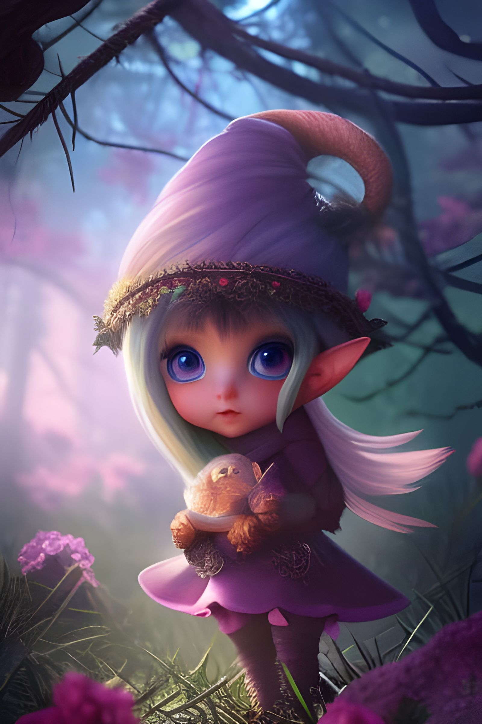 Adorable Baby Elf in Basket, Chibi Style, 3D Render